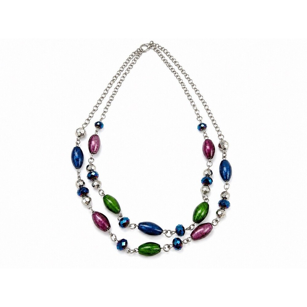 Vintage Double Strand Beaded Necklace 80s Blue Green Purple AB Crystal Boho Y2K